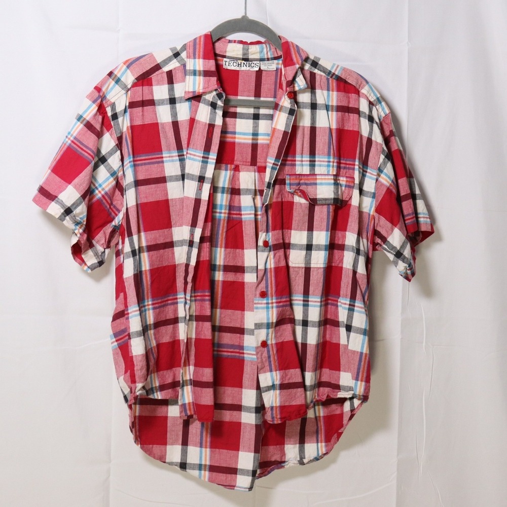 Technics Plaid Button Down‎ L Red Womens Short Sleeve Cotton Grunge Shirt